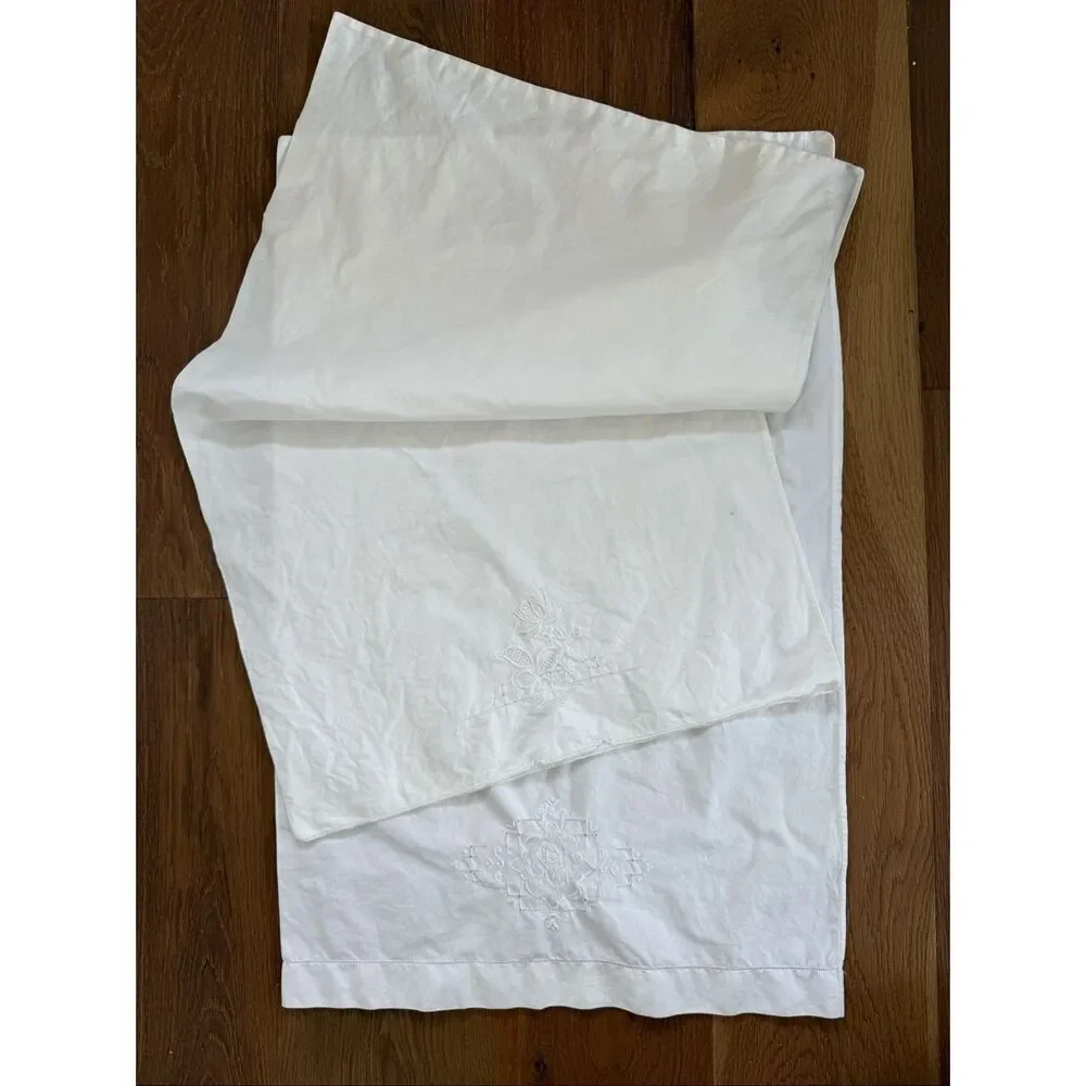 2 Vintage Queen Size Pillowcases Tonal Embroidered Floral Hemstitch Edge